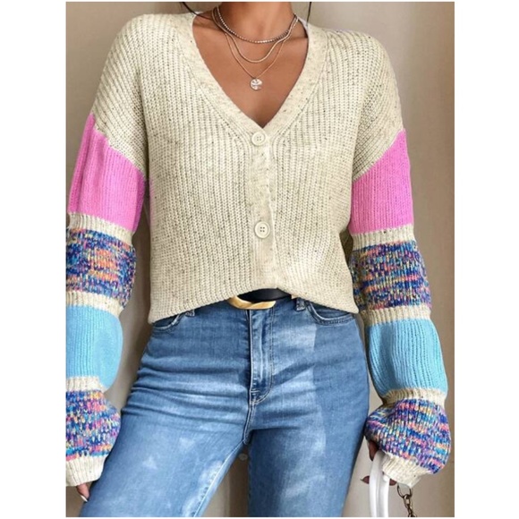 Cozy Color Block Button Down Oversized Sweater Top - Picture 3 of 5